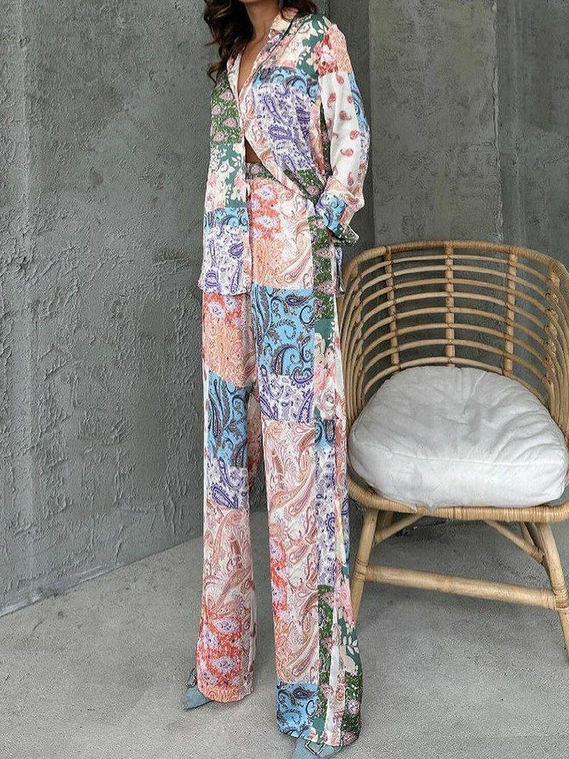 Paisley Button-Up Shirt and Wide-Leg Pants Set