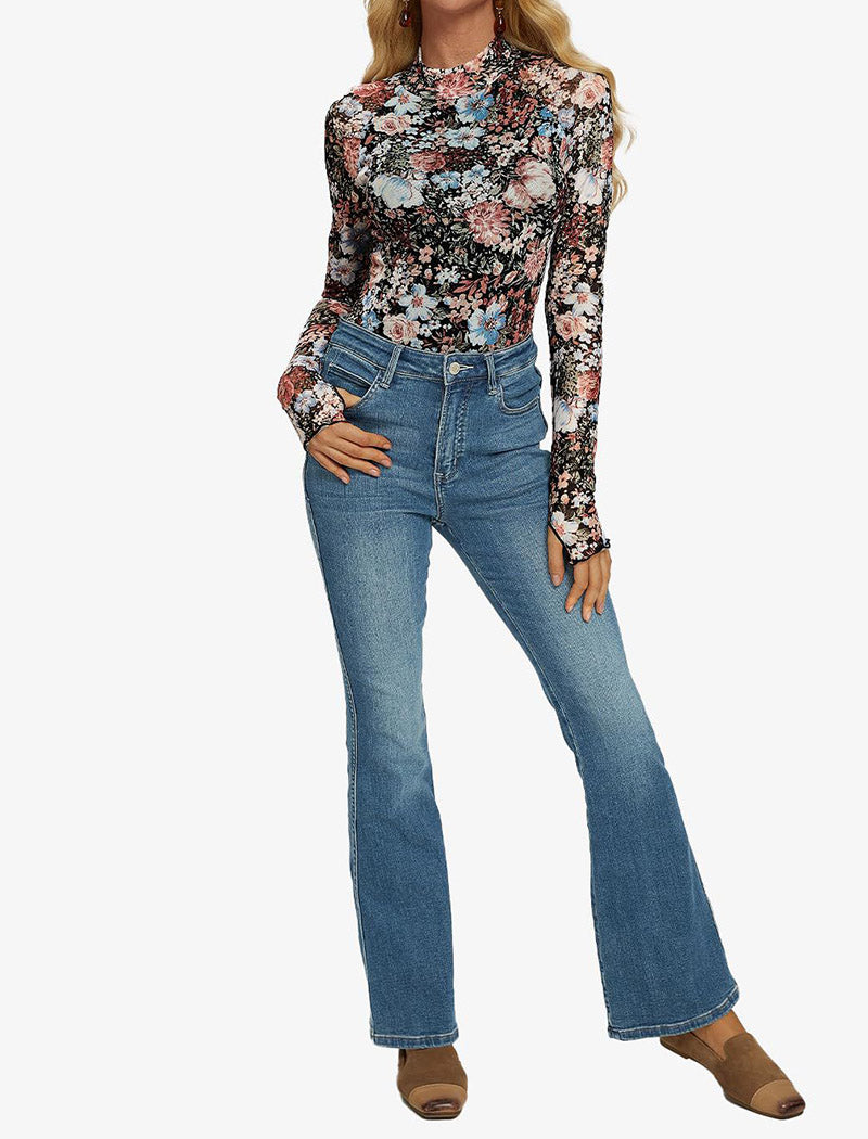 Floral Mesh Long-Sleeve Top with High Neck