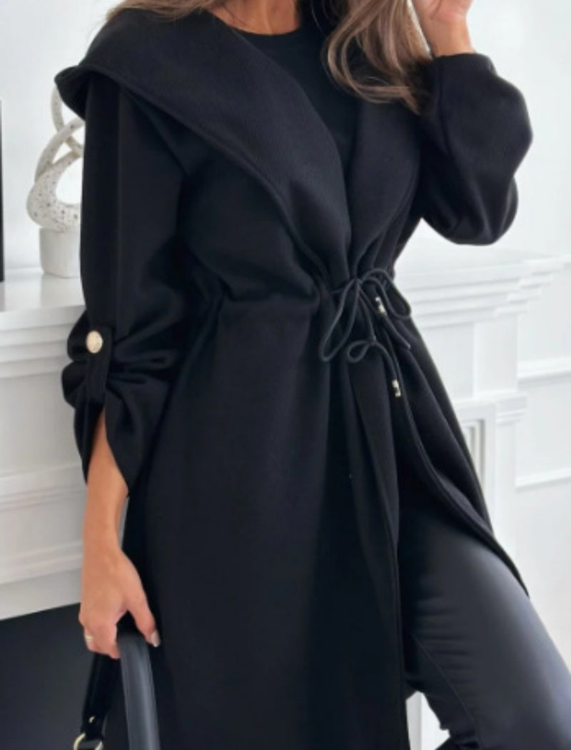 Tie-Front Hooded Collar Casual Long Sleeve Coat