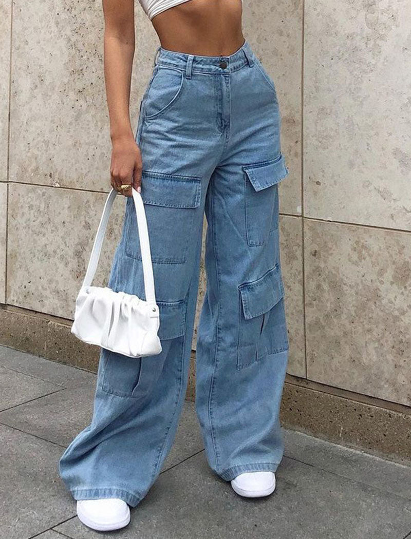 Washed Large Pocket Denim Pants