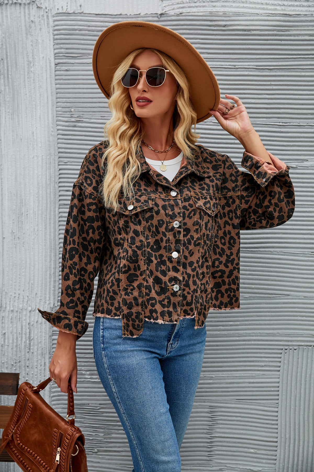 Leopard Print Button-Up Denim Jacket