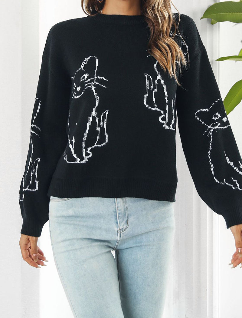 Cat Graphic Knitted Pullover Sweater