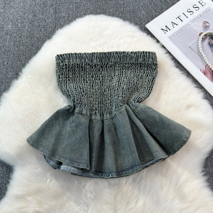 Smocked Denim Tube Top with Peplum Hem