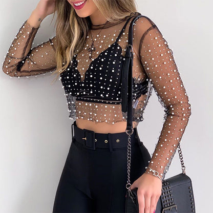 Sheer Mesh Pearl Crop Top