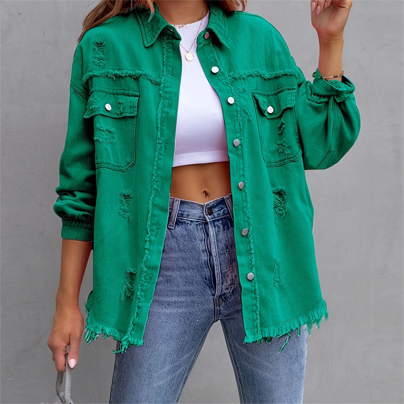 Solid Mid-Length Ripped Denim Jacket