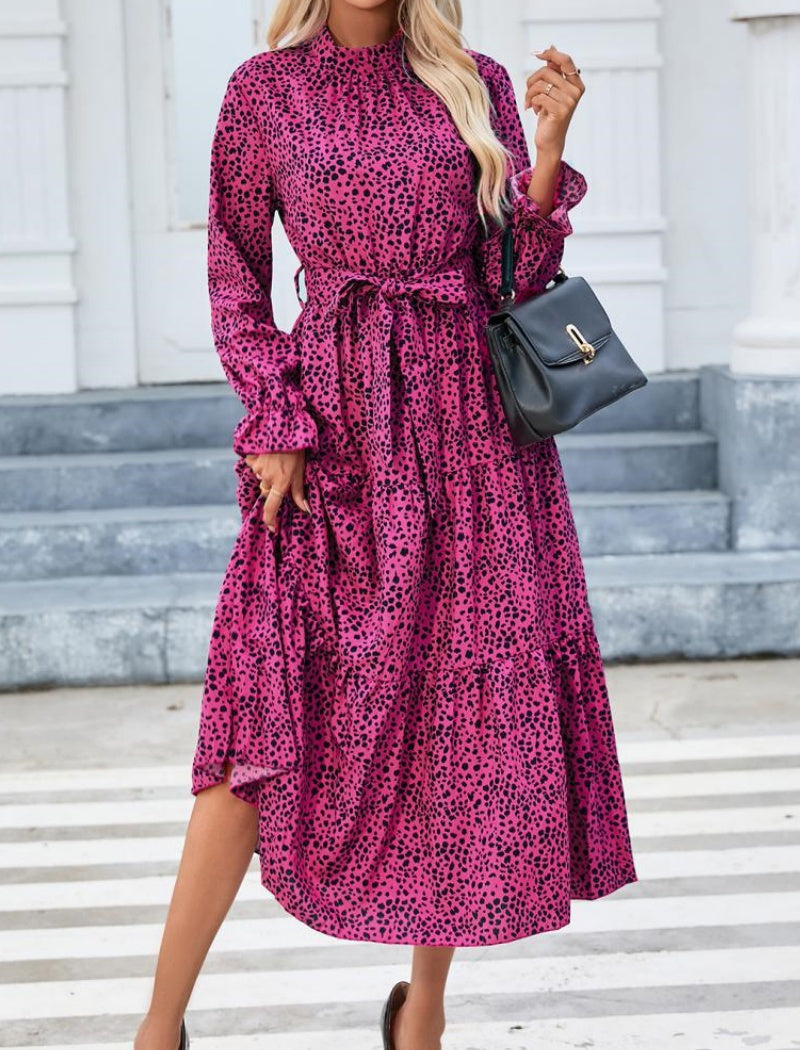 Printed Belted Maxi Dress with Long Sleeves