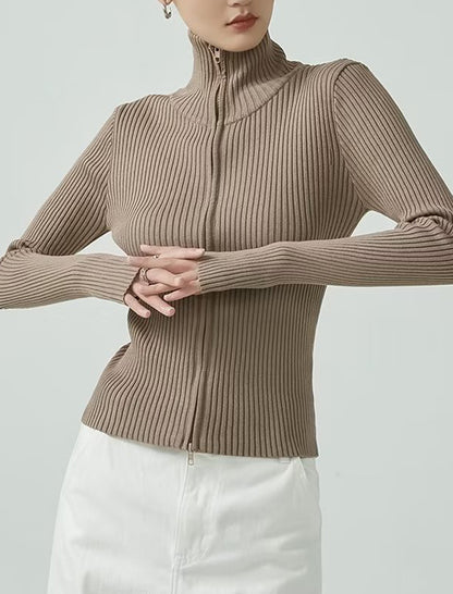 Ribbed Knit High-Neck Long-Sleeve Sweater