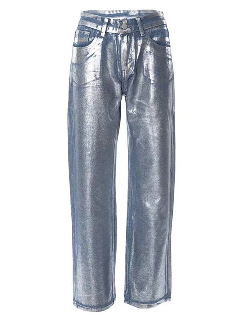 Straight-Leg Blue Silver-Printed Jeans