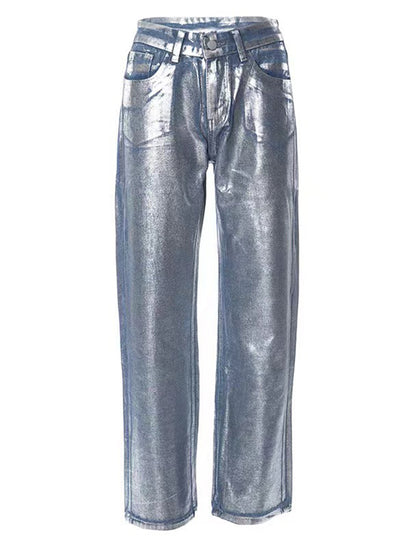 Straight-Leg Blue Silver-Printed Jeans