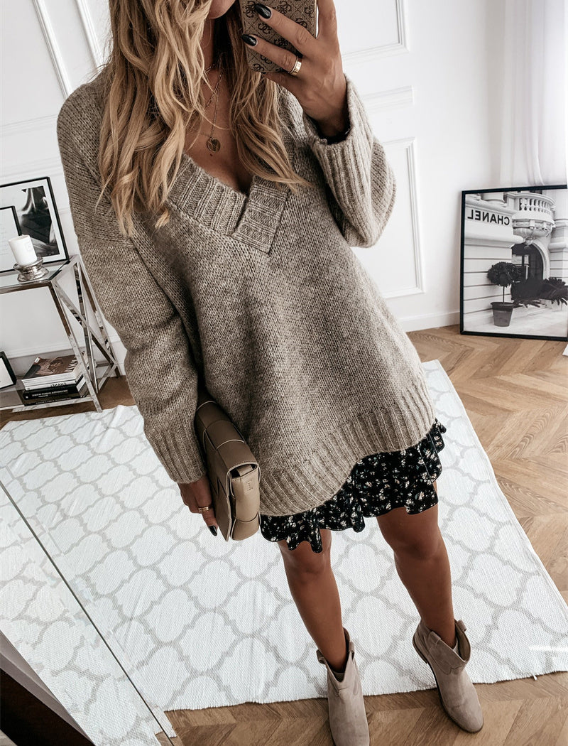 Solid V Neck Knit Sweater