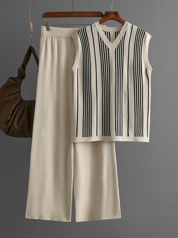 Striped Knit Top and Wide-Leg Pants Set