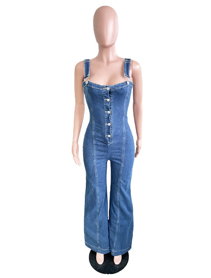 Wide-Leg Button-Up Denim Jumpsuit