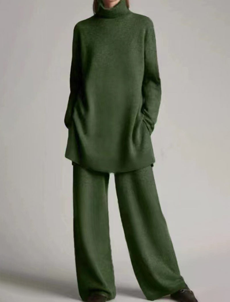 Knitted Solid Color High-Neck Relaxed Two-Piece Set