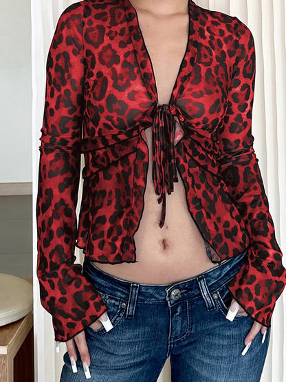 Long-Sleeve Tie-Front Leopard Top