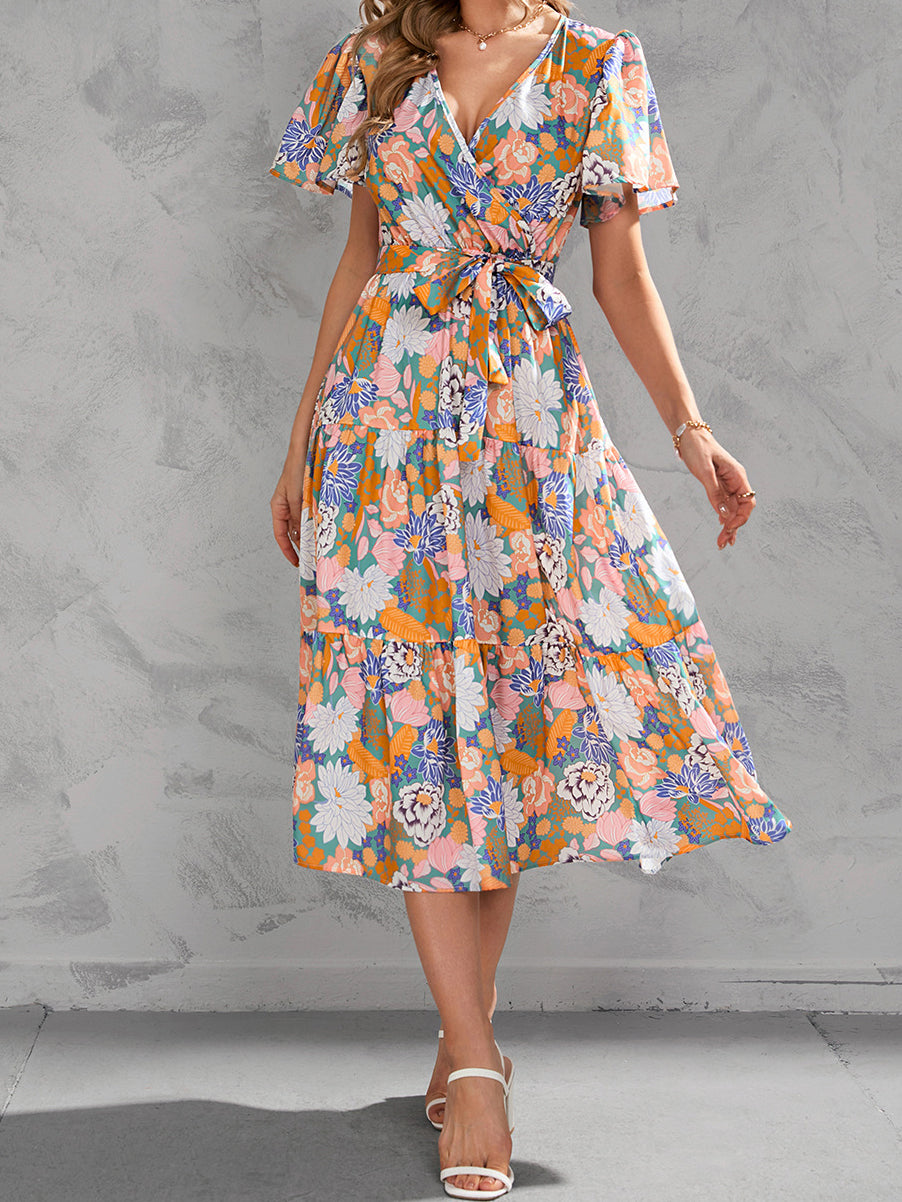 Floral Print Self-Tie Midi Dress