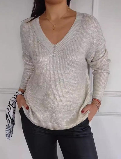 V Neck Metallic Knit Sweater