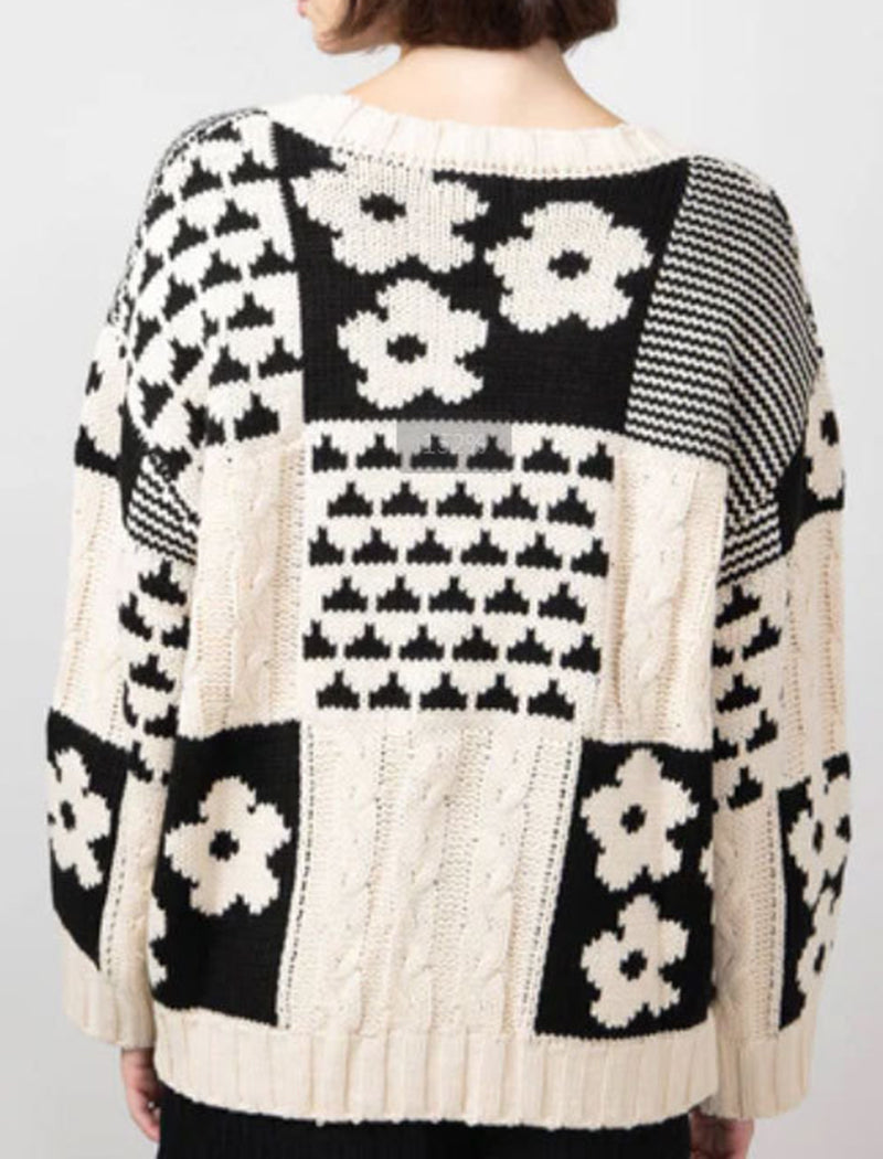 Floral Block Loose Knit Pullover