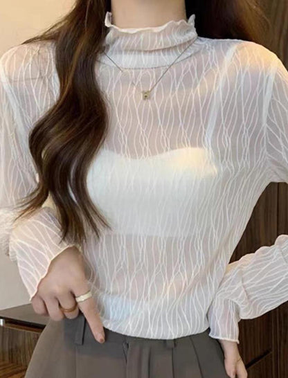 Sheer High Neck Long-Sleeve Top