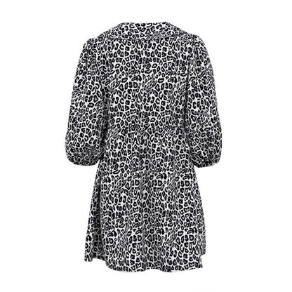 Belted Leopard Print Puff Sleeve Dress