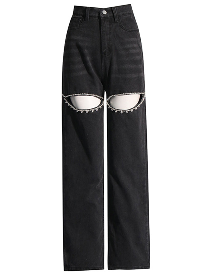 Cutout Rhinestone Straight-Leg Jeans