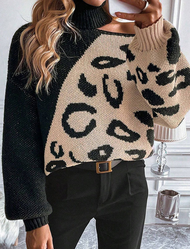 Leopard Patchwork High Neck Knit Pullover
