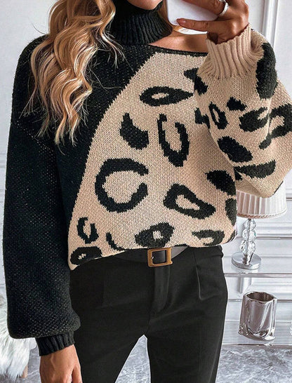 Leopard Patchwork High Neck Knit Pullover