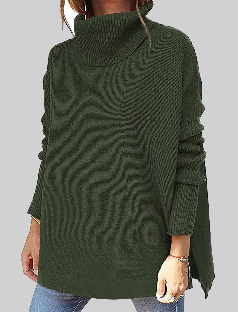 High Neck Batwing Sleeve Slit Hem Waist-Tie Sweater