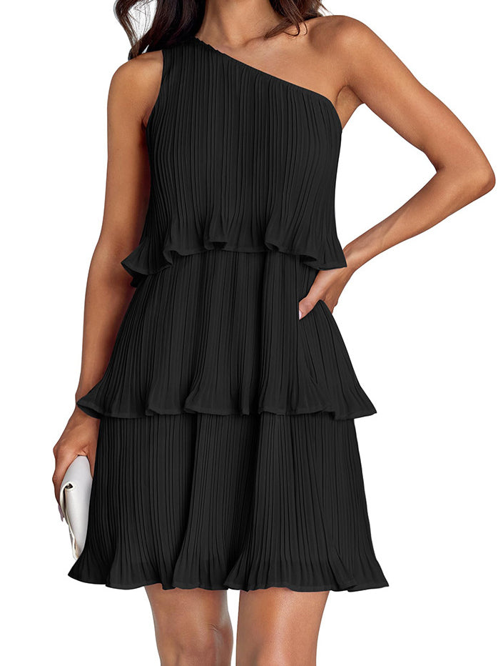 Pleated One-Shoulder Dress