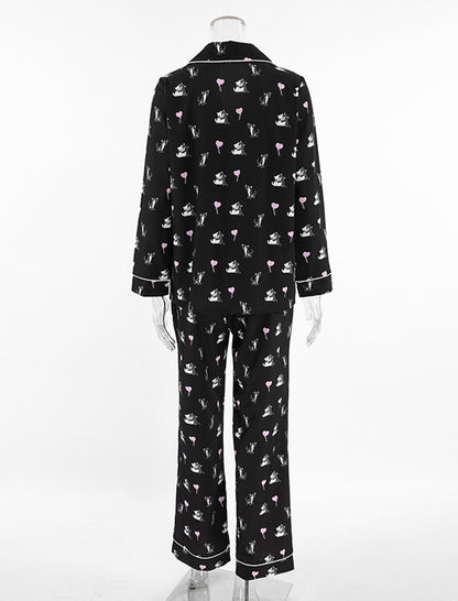 Satin Pajama Set with Cat Print
