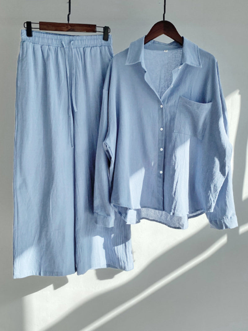 Solid Button-Up Shirt and Wide-Leg Pants Set