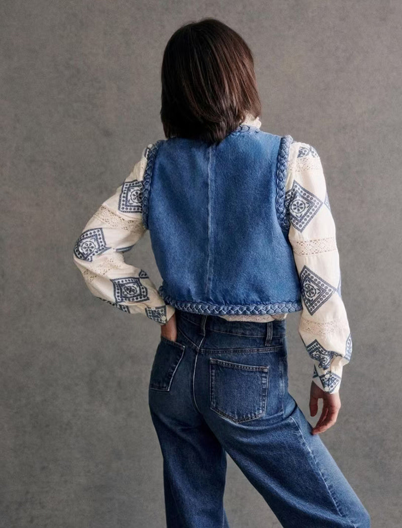 Denim Vest with Braided Trim