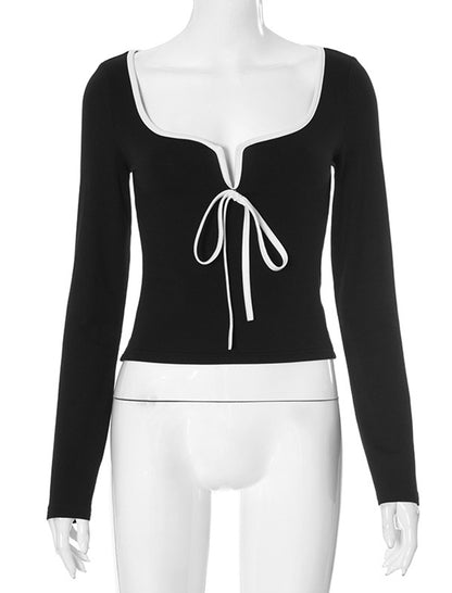 Tie Front Long-Sleeve Ribbed Top