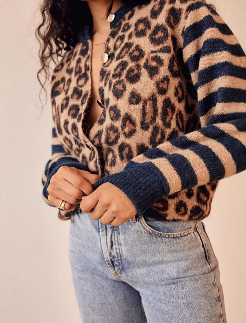 Leopard Print Knit Cardigan with Striped Sleeves