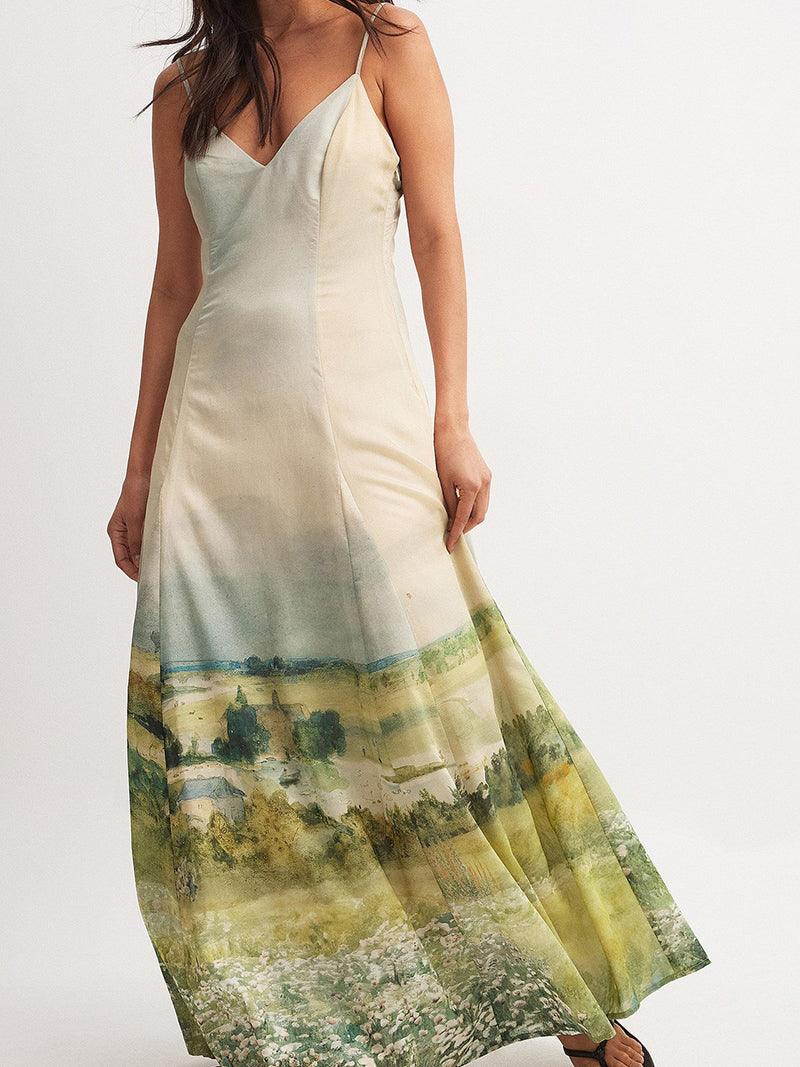 Spaghetti Strap Landscape Print Maxi Dress