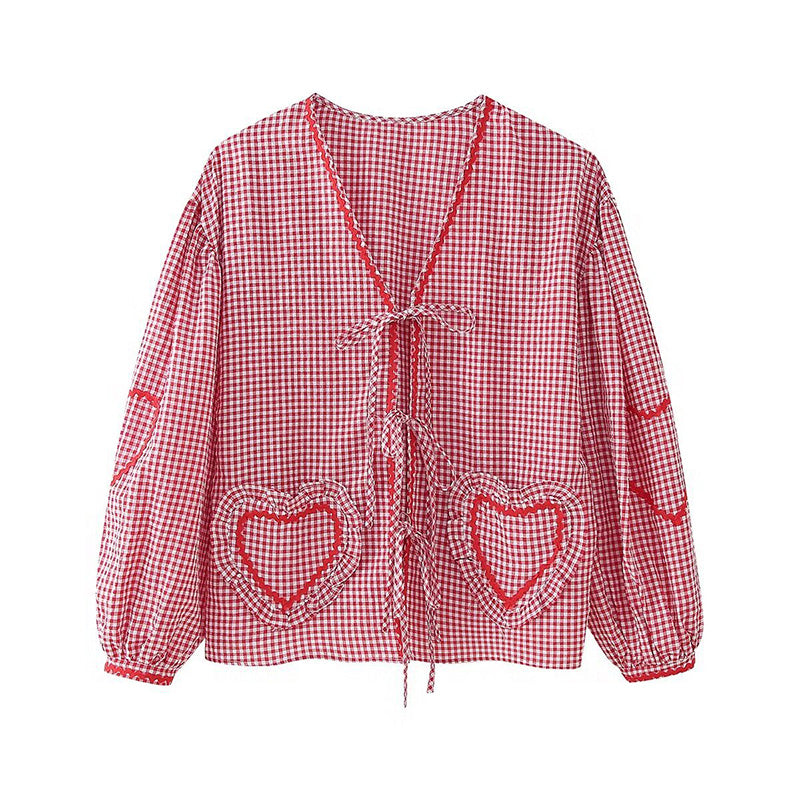 Gingham Heart-Pocket Cardigan