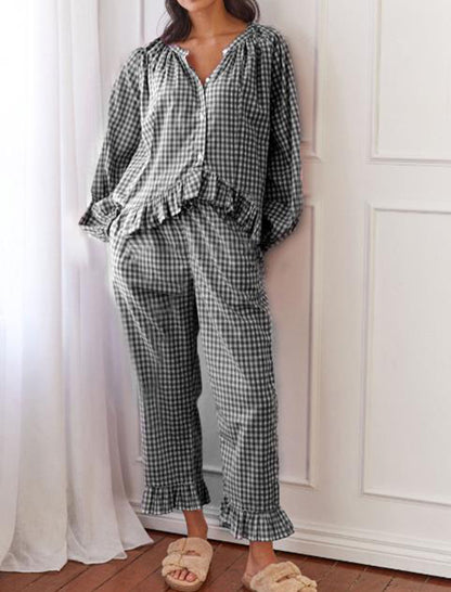 Ruffle Buttoned Long Sleeve Top and Pants Set