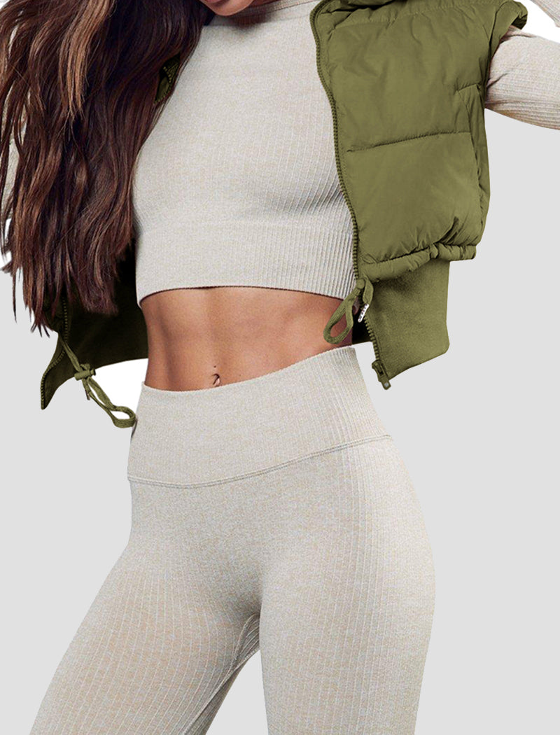 Crop Padded Vest with Drawstring and Zipper