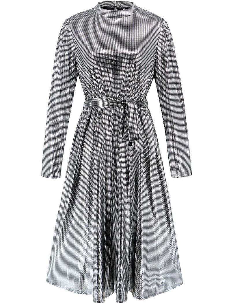 Long Sleeve Pleated Satin Evening Dress