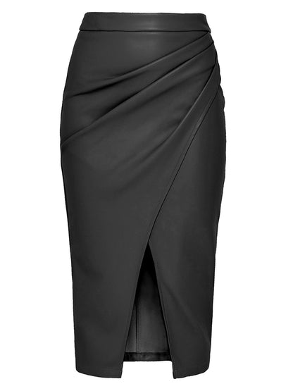 Ruched Faux Leather Split-Hem Midi Skirt