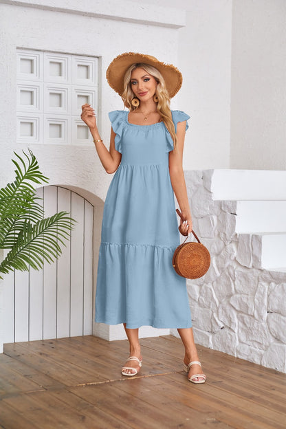 Solid Ruffle Sleeve Midi Dress