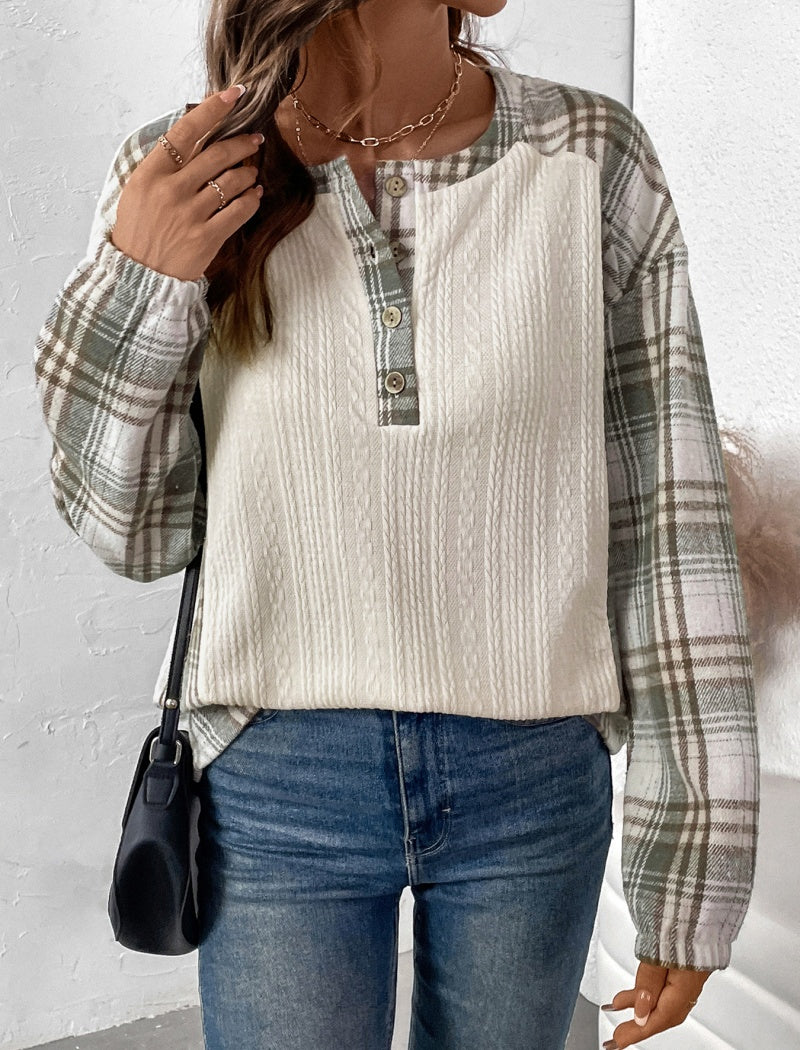 Plaid Sleeve Henley Top