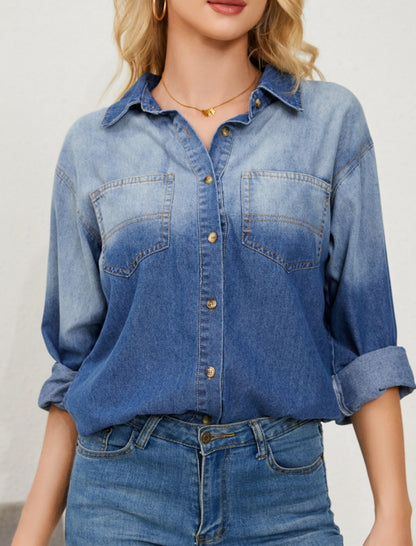 Button-Up Denim Shirt with Front Pockets