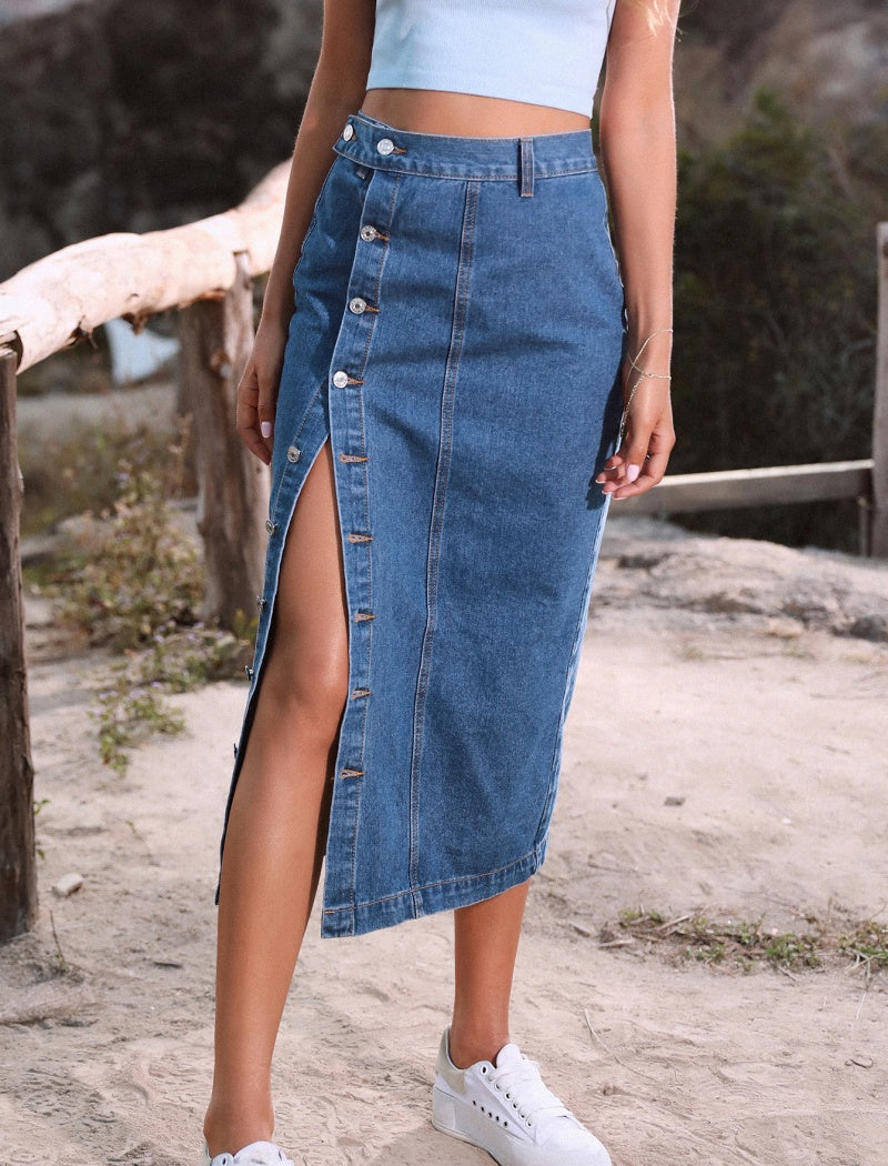 High-Rise Button-Front Denim Midi Skirt