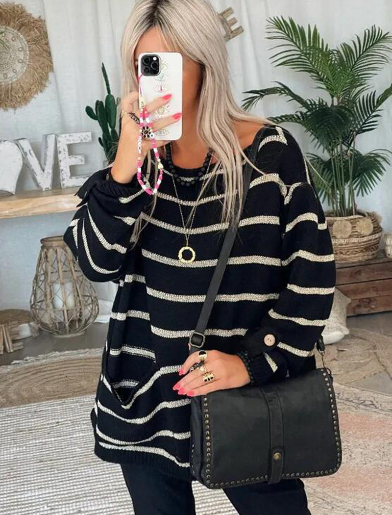 Striped Long Sleeve Buttoned Sweater