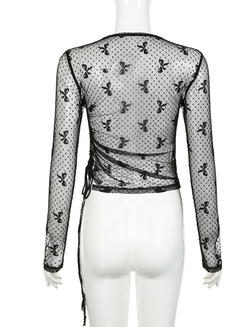 Sheer Mesh Long-Sleeve Top with Bow Design