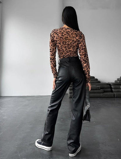 Long-Sleeve Leopard Mesh Top