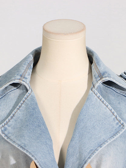 Colorblock Ruffled Belted Denim Jacket