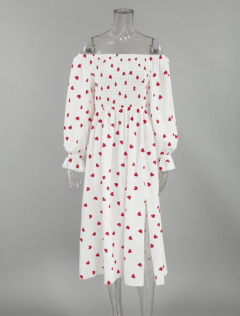Heart Print Slit Long Sleeve Nightgown