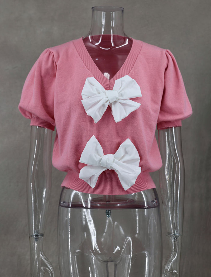 Short Sleeve Bow-Front Knit Top