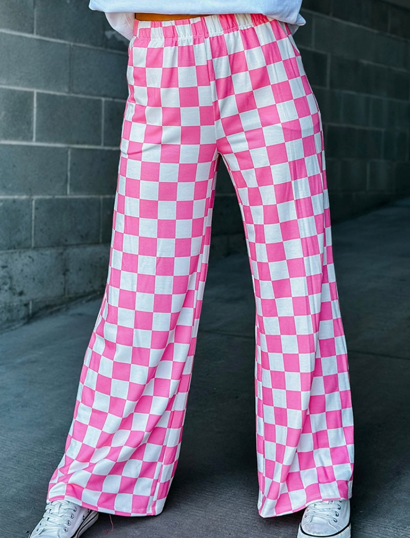 Checkered High-Waisted Wide-Leg Pants